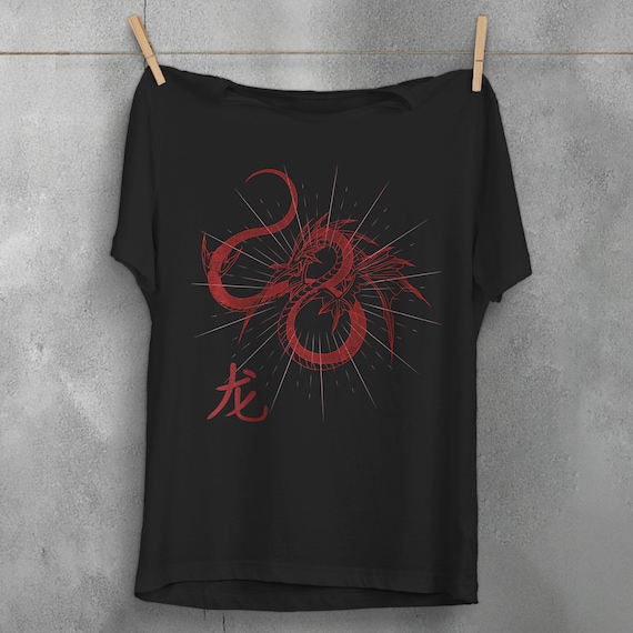 Japanese aesthetic shirt, red dragon t-shirt, kanji apparel, tattoo art outfit, edgy clothing, soft grunge clothes,  goth streetwear