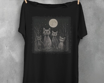 Camiseta Gatos a la Luz de la Luna, Camiseta Gótica de Gatos, Camiseta de Gatos Escalofriantemente Lindos, Top de Bruja de la Academia Oscura