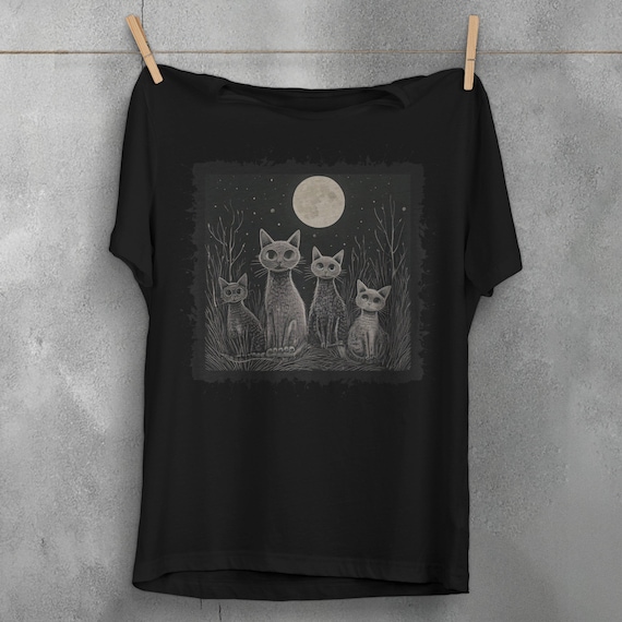 Moonlight Cats T-Shirt, Gothic Cat Shirt, Creepy Cute Cat Tee, Dark Academia Witchy Top