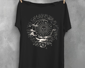 Sun moon phase t-shirt, crystals stars planets clothes, pagan satanic signs clothing, pastel goth aesthetic, wicca shirt green witch