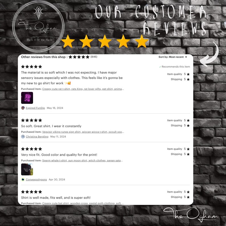 May include: Screenshots of customer reviews for a shop selling t-shirts. The reviews are all positive, with five stars given for both item quality and shipping. The reviews highlight the soft material of the shirts and the quality of the prints. The shop name is "The Ogham".