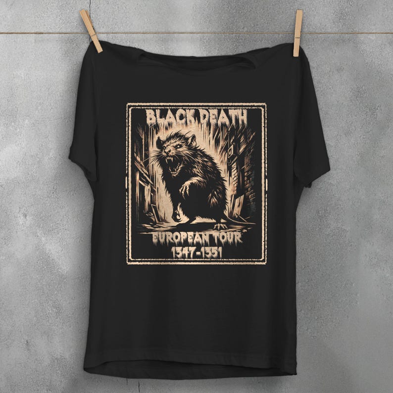 Black Death T-shirt with detailed rat and plague doctor imagery, combining medieval, gothic, and satanic elements in a dark, stylish design for enthusiasts of goth aesthetic, alt fashion, and death metal culture, crafted for comfort, statement wear.