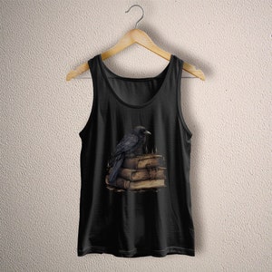 Raven on Ancient Books Tank Top Gothic Apparel Dark Academia Tee Plus Size Goth Gift Medieval Magic Witchcraft Vintage Retro Style Shirt