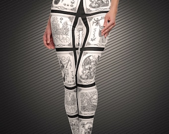 Tarot Leggings, Gothic Leggings For Women, Steampunk Leggings, Gothic Witch Grunge Clothing, Yoga Pants, Black Plus Size Leggings