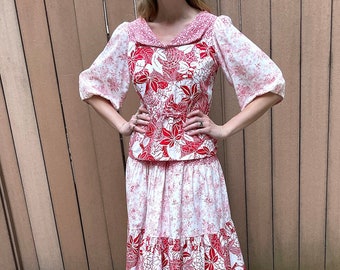 Vintage Floral & Toile Patchwork Skirt Set (XS or tween) - petite vintage - vintage matching set - square dancing dress 1980s western dress