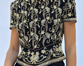 Vintage 1980s Silk Beaded Croptop — vintage beaded blouse, laurence kazar silk blouse