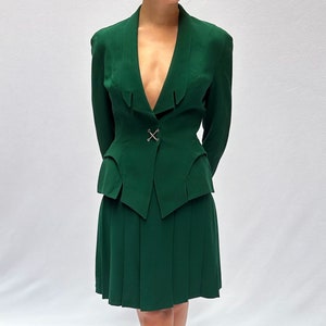 Vintage Thierry Mugler Fall 1992 Emerald Jacket + Pleated Skirt Suit