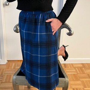 以下が含まれることがあります： 白のストライプが入った青と黒の格子柄のスカート。スカートはハイウエストでストレートシルエットです。