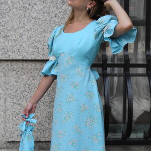 Vintage 1970s Custom Made Floral Puff Sleeve Dress