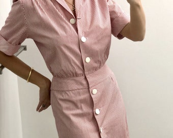 VINTAGE STRIPED SHIRTDRESS — shortsleeve striped shirtdress — vintage red and white striped shirtwaist dress —  vintage candy striper dress