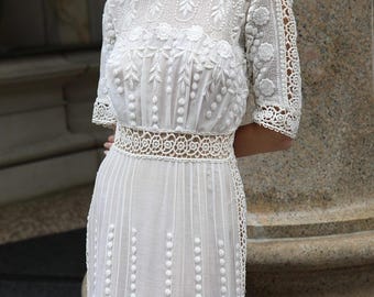 Antique Edwardian Embroidered Ivory Lace Dress