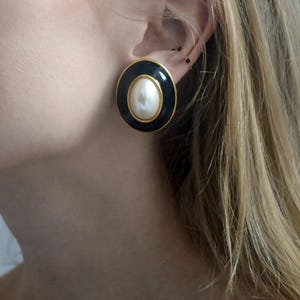 Vintage Black Enamel and Pearl Oversized Stud Earrings