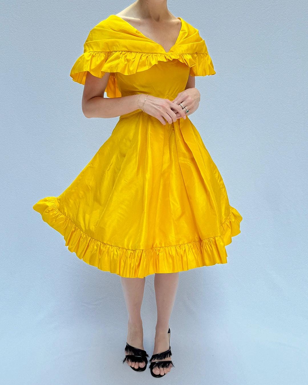 Vintage 1980s Arnold Scaasi Cape Collar Ruffled Cocktail Dress