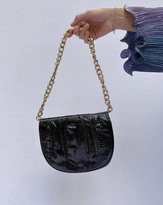 Vintage Black Snakeskin Chain Strap Bag - vintage… - image 1