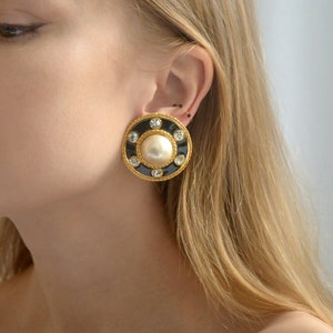 Vintage Black Enamel and Pearl Oversized Earclips