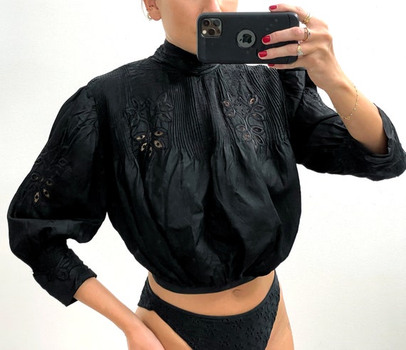 Antique Edwardian Black Silk Lace Blouse (XS-M) … - image 1