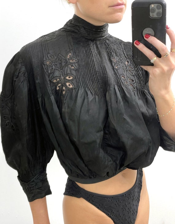 Antique Edwardian Black Silk Lace Blouse (XS-M) … - image 2