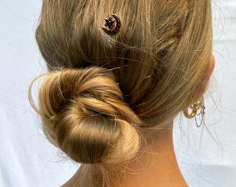 Antique Victorian Bohemian Garnet Crescent Moon and Star Pin - antique hair clip Victorian stickpin victorian hairclip bridal hair accessory