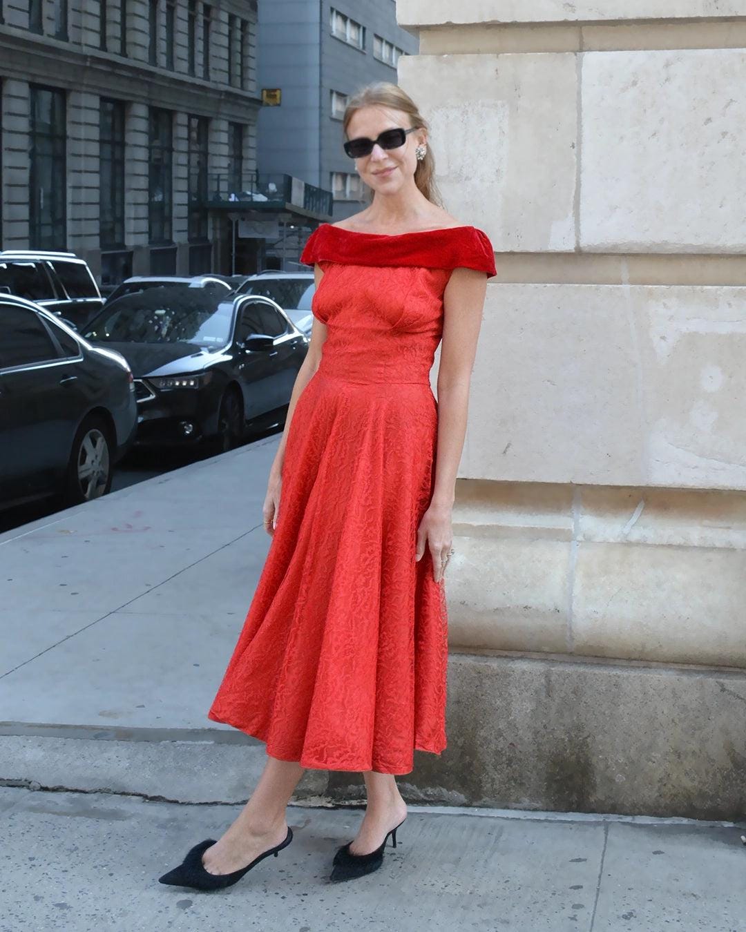 Vintage 1950S Red Lace & Velvet Fit Flare Dress With Off-The-Shoulder Neckline