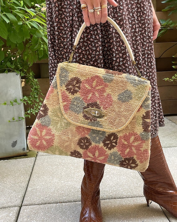 Vintage Carpet Tapestry Bag Purse Chenille 1960s Floral 