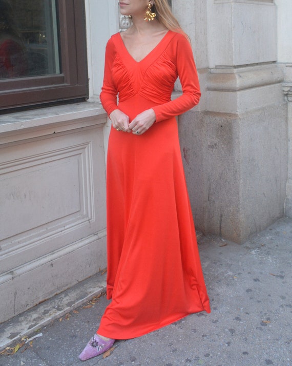 orange jersey maxi dress 1970s Ruched V-neck Maxidress off-shoulder fringe gown