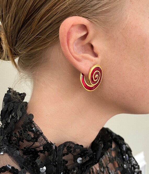 Vintage Yves Saint Laurent Red Spiral Earrings By… - image 4
