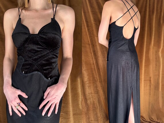 Vintage Black Velvet Corset-Seamed Bodice Dress - image 1