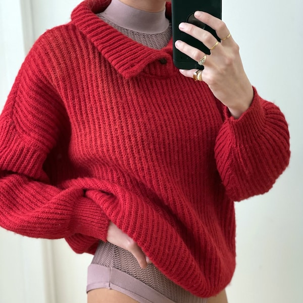 Vintage 1980s Kenzo Red Wool Sweater — vintage Kenzo sweater — 1980s Kenzo knit pullover — unisex wool half-button sweater — henley sweater