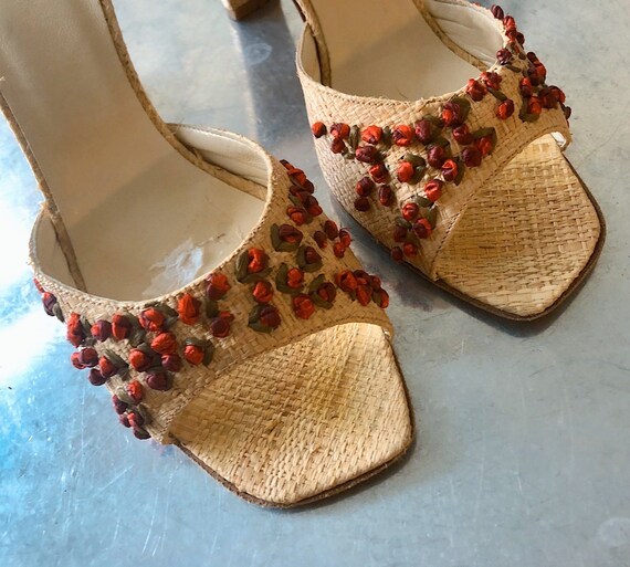 VINTAGE RAFFIA ROSEBUD sandals — vintage mules — v