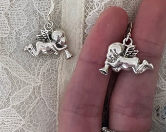 VINTAGE STERLING SILVER Cherub Earrings - Vintage Angel Earrings - Cherub Jewelry - sterling silver drop earrings - Victorian jewelry