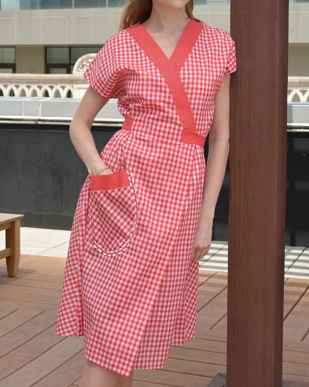 Red gingham wrap dress sale