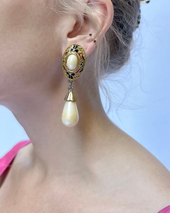 Vintage Enameled Gold Pearl Drop Statement Earring