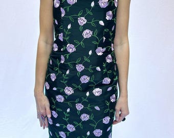 Vintage Steven Stolman Embroidered Silk Cocktail Dress | rose print dress, floral cocktail dress