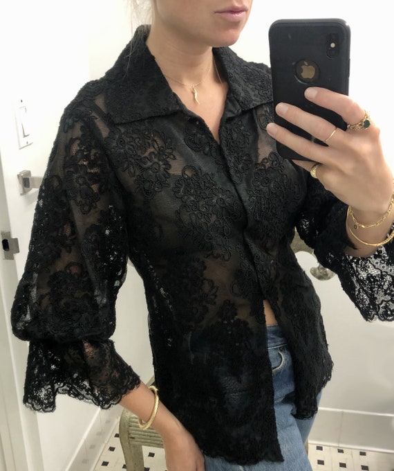 Vintage 1980s Black Alençon Lace Blouse — Vintage