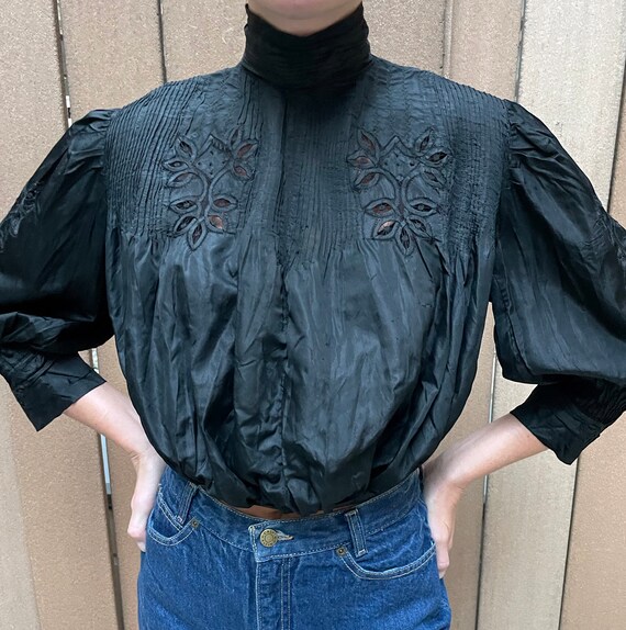 Antique Edwardian Black Silk Lace Blouse (XS-M) … - image 8