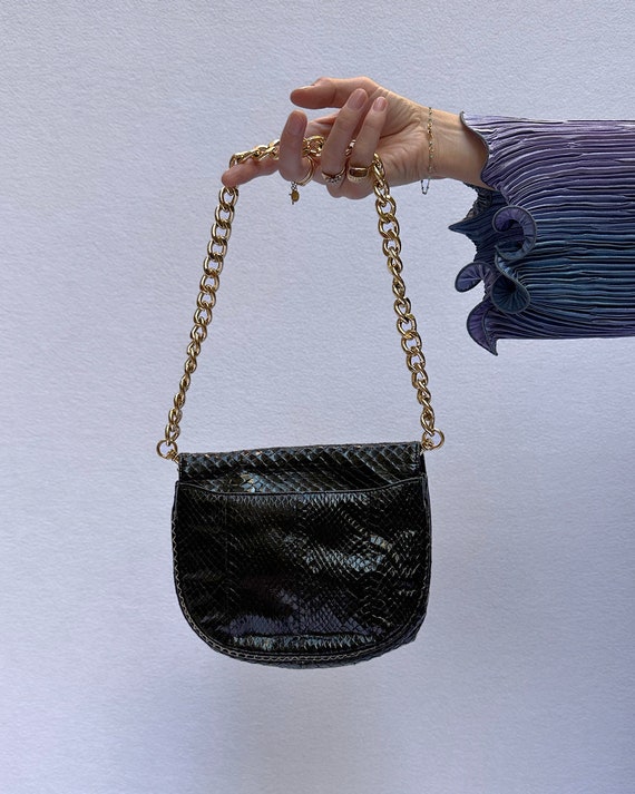 Vintage Black Snakeskin Chain Strap Bag - vintage… - image 5