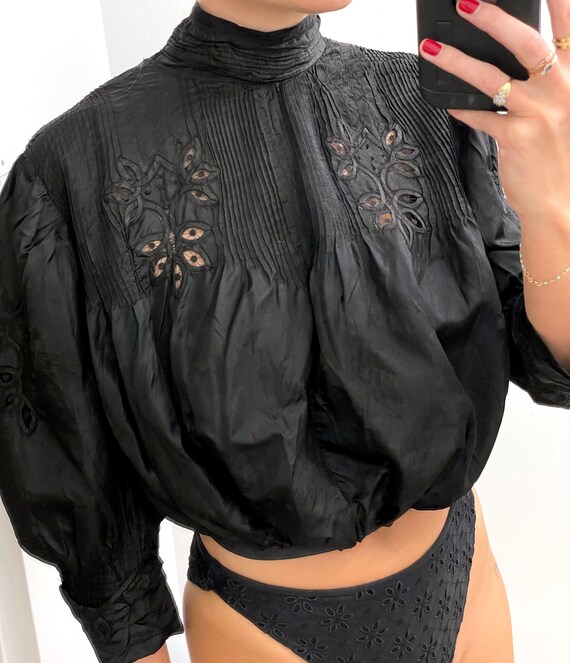 Antique Edwardian Black Silk Lace Blouse (XS-M) … - image 4