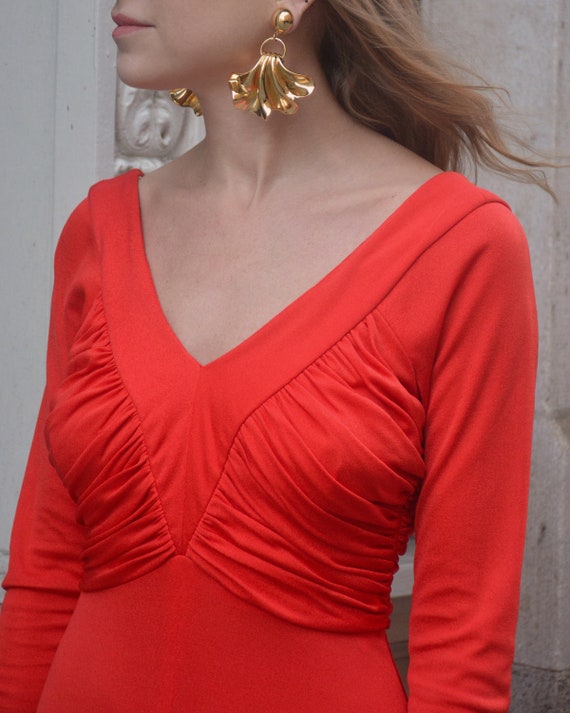 1970s Orange Ruched Jersey V-Neck Maxidress - image 2