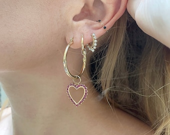 Vintage 14k Gold Hoops with Spinel Heart Charm — Charm Hoops, Vintage Gold Hoops