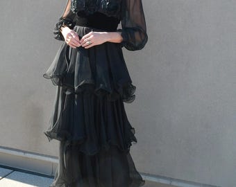 Vintage Black Tiered-Flounce Gown with Rosette Appliqué