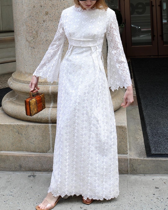 white lace empire waist dress Vintage 1960s Crochet simple empire waist wedding dress 40oC) on a gentle Color:Black+Champagne As Picture One Shoulder Cocktail Dresses EHS-SS26