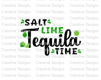 Könnte beinhalten: Weißer Hintergrund mit den Worten "SALT LIME Tequila TIME" in Schwarz und Grün. Das Wort "SALT" steht über "LIME", und "Tequila" ist in einer großen, kursiven Schriftart. Limetten-Illustrationen sind verstreut.