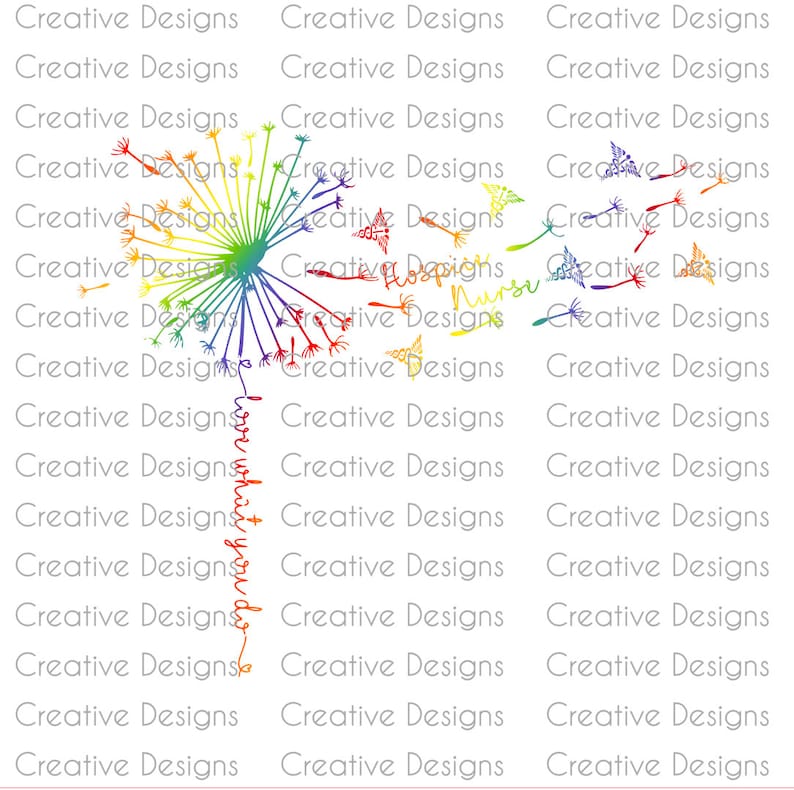 May include: A rainbow-colored dandelion design with the words "Creative Designs" repeated multiple times.