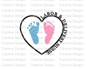 Labour and delivery nurse SVG design, Heart and baby footprints PNG, Digital file, Cute car decal, Van vinyl decal, window sticker
