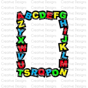 May include: A colorful alphabet border with letters in a rainbow of colors. The letters are arranged in a square shape with the letters A through G on the top row, H through N on the right side, O through T on the bottom row, and U through Z on the left side.