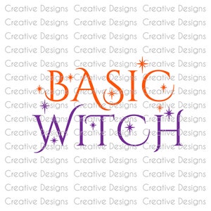 Puede incluir: Un diseño gráfico con las palabras "BASIC WITCH" en letras naranja y morado. Las letras están decoradas con estrellas y medias lunas.