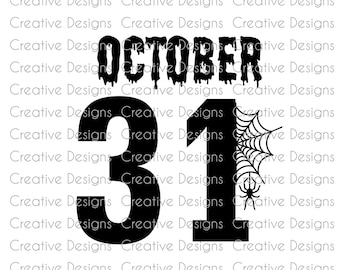 May include: Black and white graphic design of the date October 31st with a dripping effect. A spider web with a spider is on the right side of the number 1.