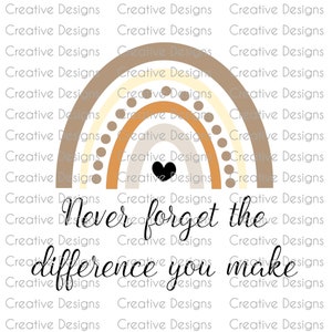 Könnte beinhalten: Ein Regenbogen mit braunen, orangen, beige und cremefarbenen Streifen. Der Regenbogen hat ein schwarzes Herz in der Mitte. Der Text "Never forget the difference you make" befindet sich unter dem Regenbogen.