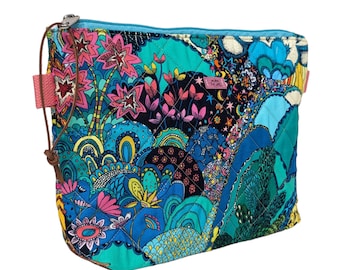 Handmade Quilted Makeup Pouch, Floral Art Print, Water Resistant Travel Bag