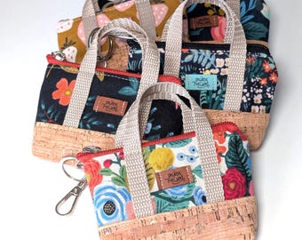 Itty Bitty Tote Charm, Coin Pouch, floral pouch cork, Keychain pouch, with mini handles, Handmade in Oregon